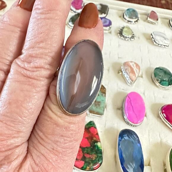 💕 Botswana agate oval natural gemstone ring silver overlay stamped 925 size 6.5 - Picture 2 of 4